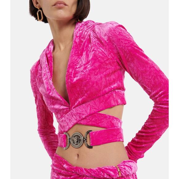 NWT Versace 40 US 4 Runway Biggie Pink Crushed Velvet Hooded Crop Top $1,625 - Picture 1 of 16
